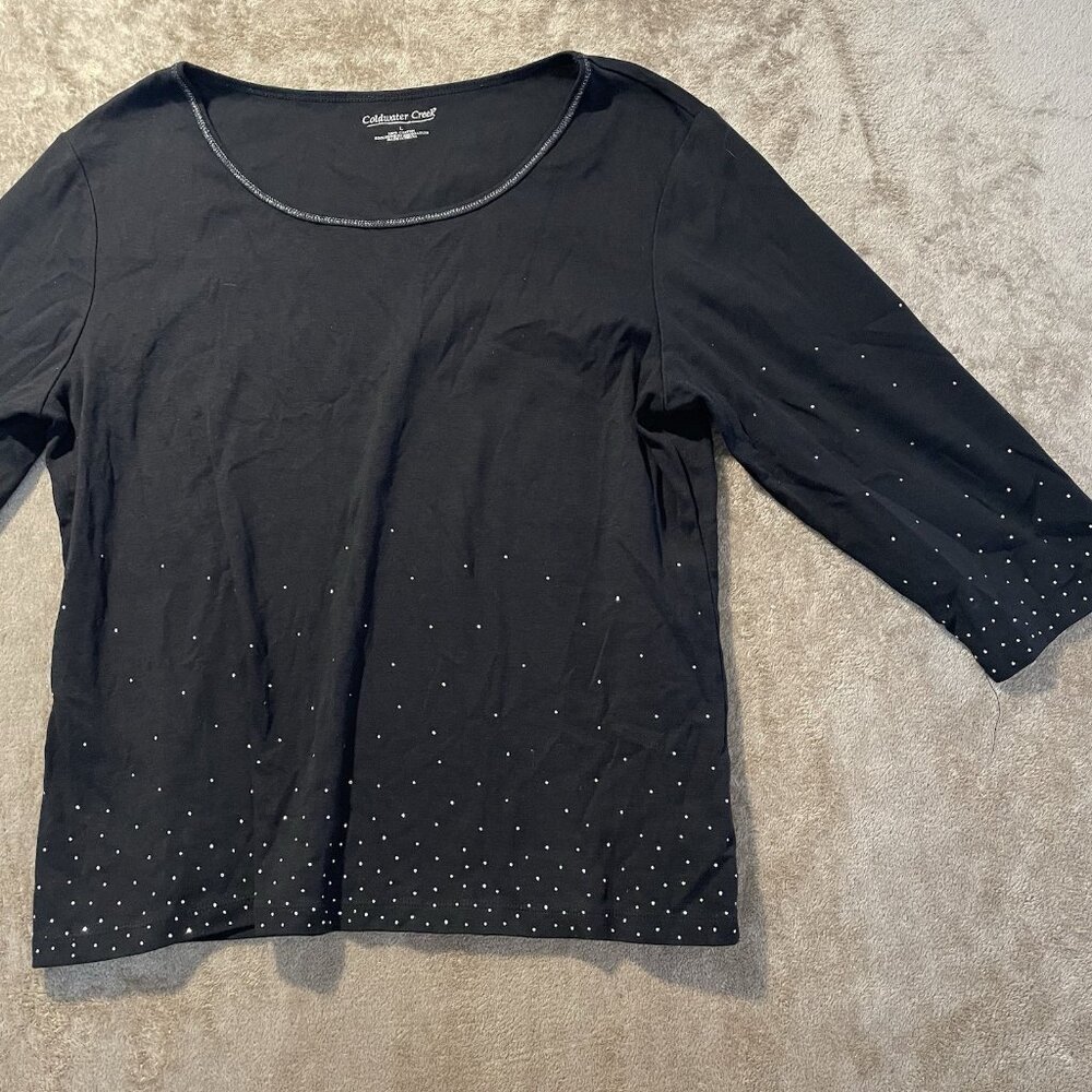 Coldwater Creek Top Women's Size Large Black Sequins Quarter Sleeve Boat Neck